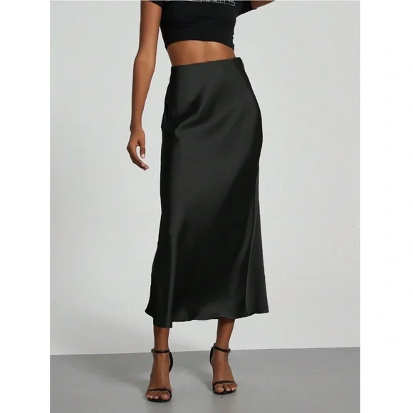 Black Satin A-Line Skirt High Waisted Long - Picture 1 of 14